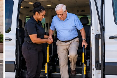 Illustrative image of a transportation attendant assisting an older passenger