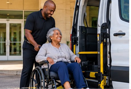 Illustrative image of wheelchair transportation assistance at an accessible van